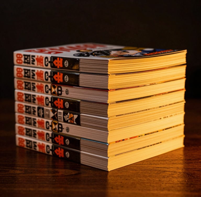 Close-up of physical manga volumes stacked on a dark wood table, warm golden light hitting the pages, cinematic shadows, 35mm