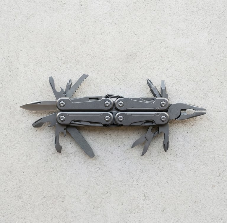 Centered straight-on shot of a high-quality anodized aluminum multi-tool on a clean concrete surface, bright natural daylight, crisp neutral tones, sharp focus, 50mm lens
