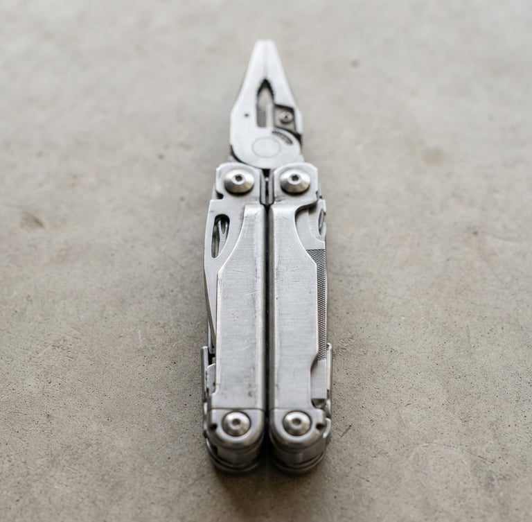 A crisp straight-on portrait shot of a durable steel multi-tool lying on a clean concrete workshop table, bright natural daylight, sharp focus, minimalist studio setting.