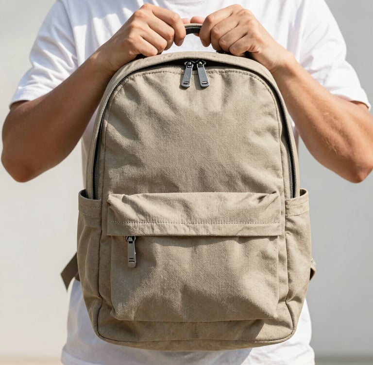 A close-up portrait of hands holding a durable canvas utility backpack under bright natural daylight, showing the reinforced stitching and heavy-duty metal zippers, sharp focus.