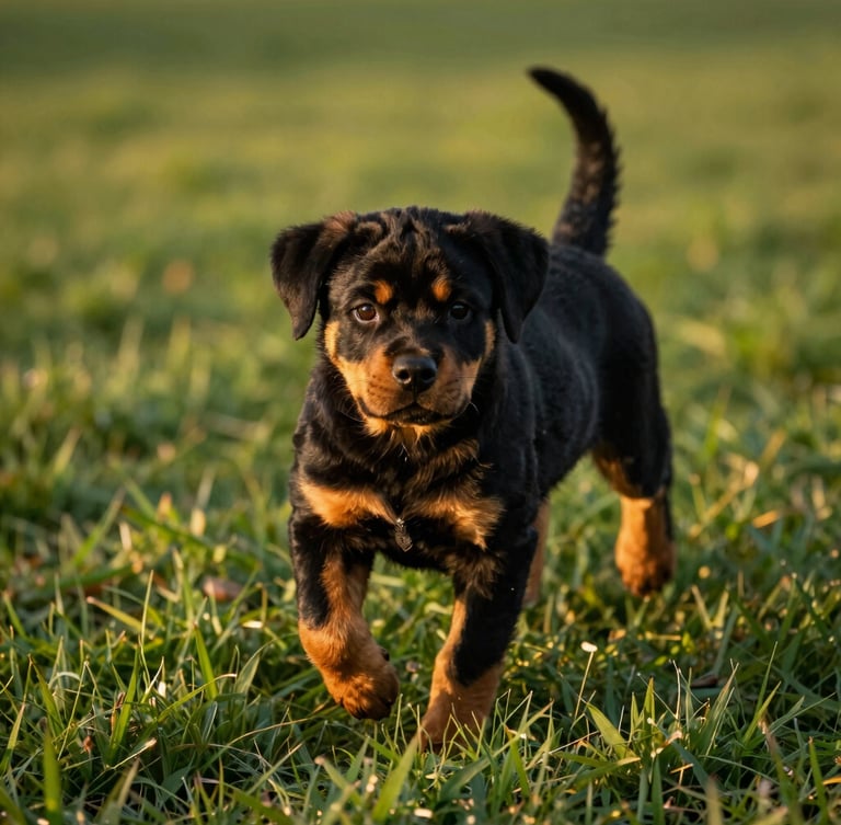 A golden hour outdoor shot of a young Rottweiler puppy playing gently on lush green grass, eye-level angle, soft natural lighting