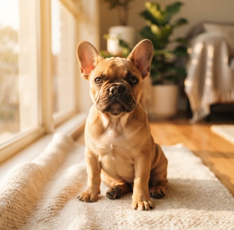Eye-level warm editorial photo of a healthy French Bulldog puppy sitting on a soft cream rug by a sunlit window, shallow depth of field, natural morning light, 35mm.