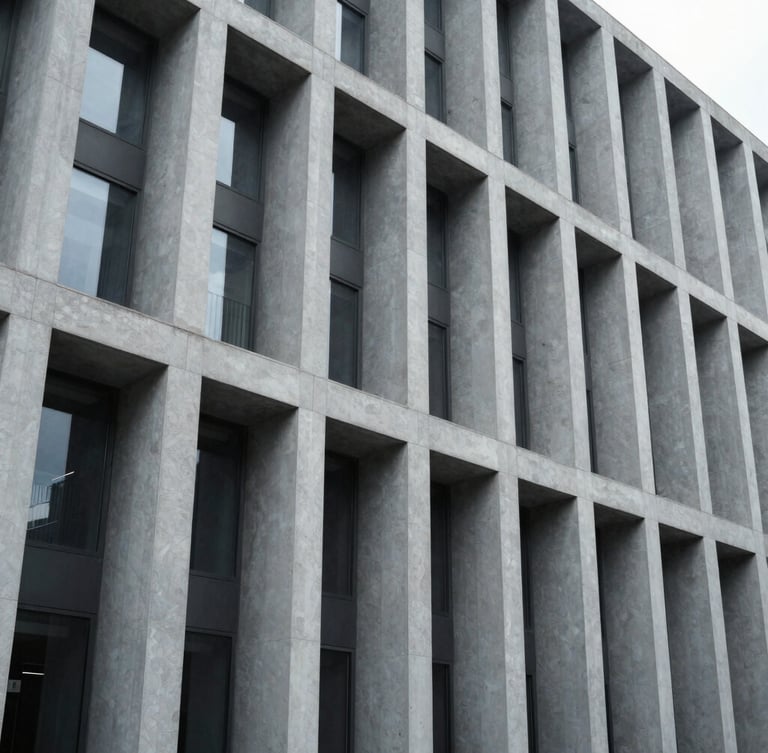 Wide-angle architectural crop of a modern civic building facade, sharp geometric lines, cool-toned daylight, desaturated corporate tones