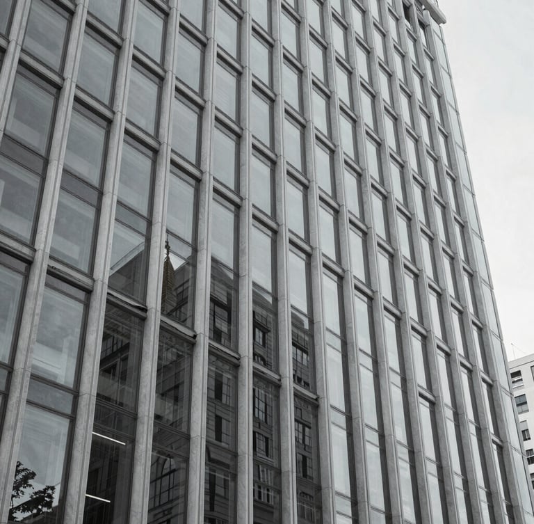 Wide-angle desaturated photograph of a modern glass-and-steel civic building facade, sharp focus, cool-toned daylight, architectural depth of field