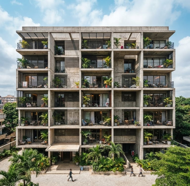 Wide-angle architectural shot of a modern Lagos concrete residential facade, bright natural tropical daylight, sharp structural lines, 35mm photography
