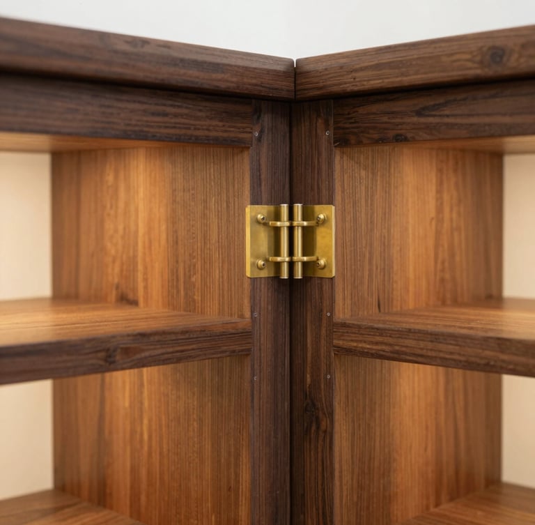 Close-up macro shot of a custom dark oak cabinet junction with brass fittings, warm interior lighting, architectural precision