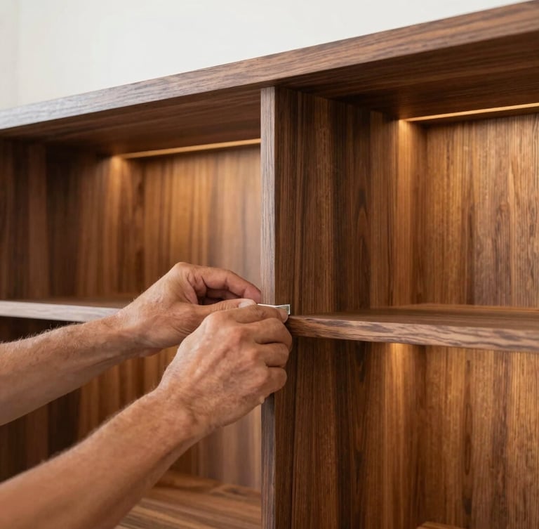 Architectural photography, close-up of a master craftsman hand-aligning a custom dark timber cabinet joint, warm interior accent lighting, rich saturated wood tones.