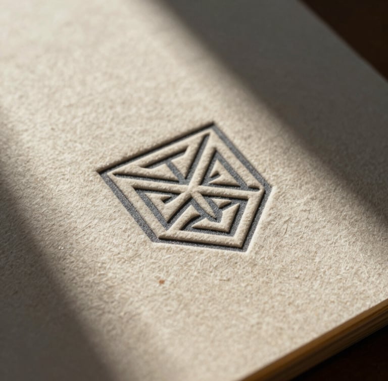 Extreme close-up of textured heavy-weight cotton paper stock with a debossed geometric studio emblem under harsh, high-contrast desert sunlight casting deep shadows.