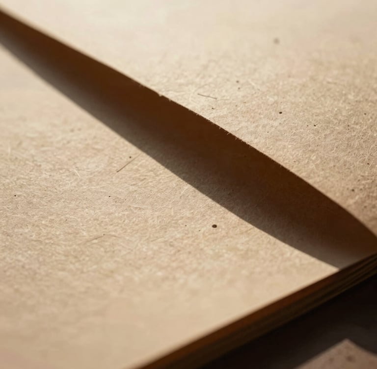 Extreme close-up of heavy textured handmade paper stock casting a deep shadow under harsh desert sunlight