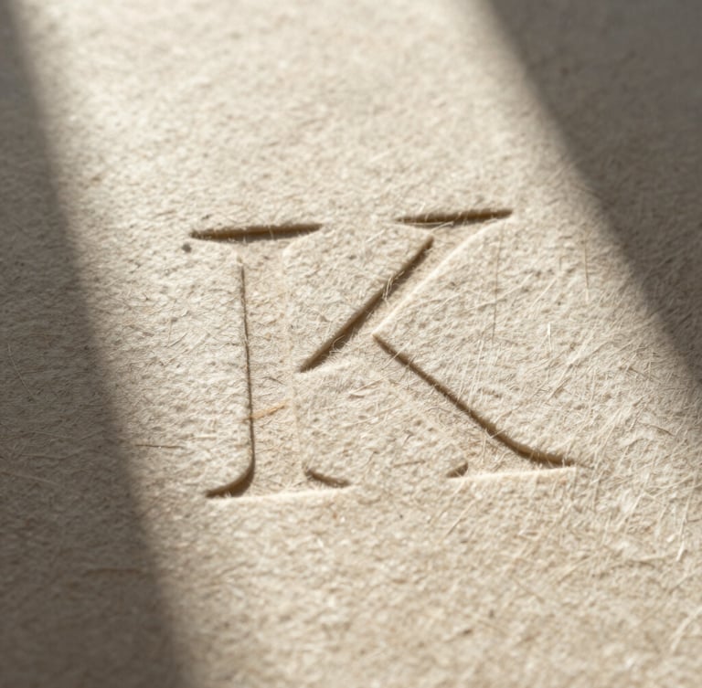 Extreme close-up of textured heavy cotton paper stock with deep letterpress indentation, harsh desert sunlight casting long shadows across the grain.