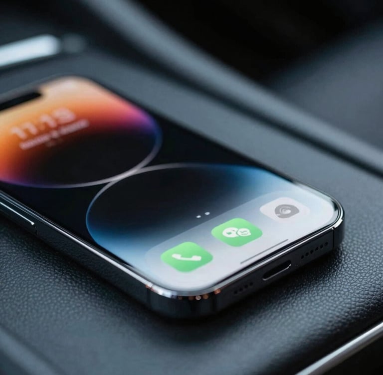 Close-up of a modern smartphone resting on a leather car dashboard, screen glowing with an incoming call notification, shallow depth of field, cool daylight