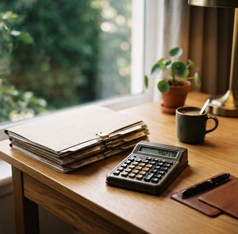 Professional desk workspace with neat files and a calculator, natural window light, shallow depth of field, 35mm