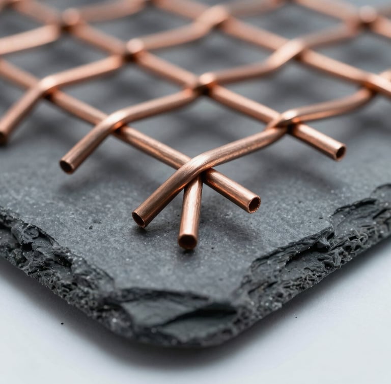 Extreme macro photograph of laminated woven copper wire mesh, cool diffused laboratory lighting, metallic steel and copper tones, sharp focus.