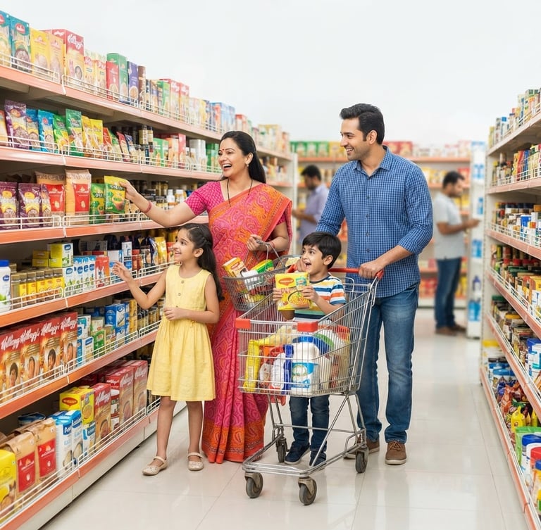 Vibrant Indian family shopping happily in a brightly lit supermarket aisle, diverse products visible in the background, wide shot, high-key studio lighting, no text on image.
