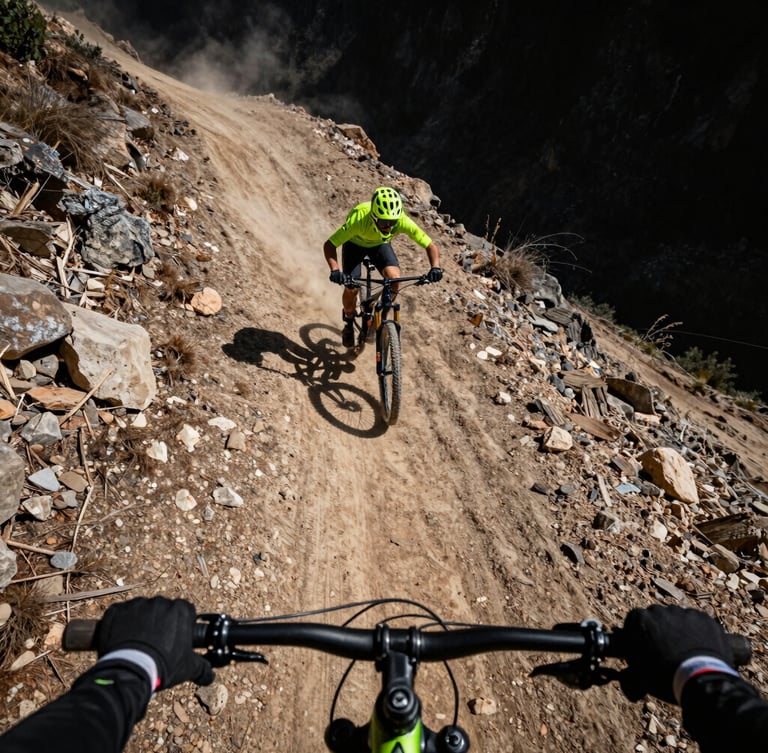 Dynamic first-person POV mountain bike descent down a steep dirt ridge, harsh direct sunlight, dramatic shadows, wide-angle action shot