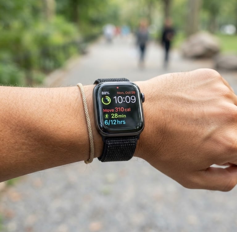 Crisp close-up of a sleek smartwatch on a wrist during a casual morning walk, soft natural daylight, clean neutral tones, 35mm lens