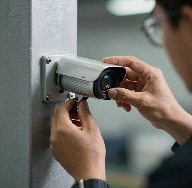 Close-up of a technician's hands securing an industrial-grade security mount to a steel column, high-contrast lighting, sharp focus.