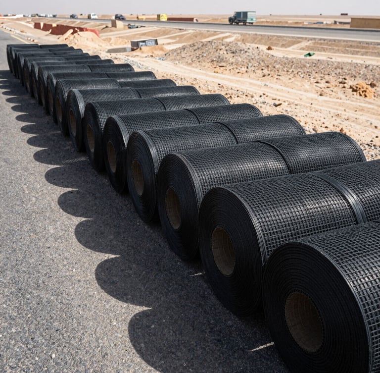 Top-down view of black geogrid rolls stacked on an arid Egyptian highway construction site, intense midday sun casting sharp geometric shadows, desert horizon in background