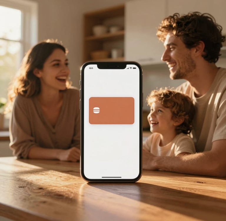 Candid medium shot of a young family laughing together in a sun-drenched, warm kitchen during golden hour, soft shadows, next to a clean mobile mockup showing a warm terracotta digital membership card, 35mm photography.