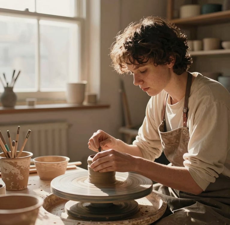 Cinematic portrait of a creator working in a warm, sun-drenched ceramic studio, soft natural light streaming through a window, earthy clay tones, candid, 35mm.