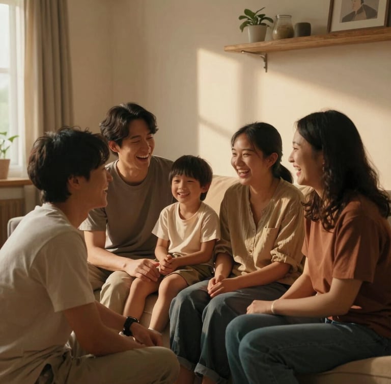 A candid, cinematic medium shot of a young family laughing together in a warm, sunlit living room, soft shadows, natural earth tones.