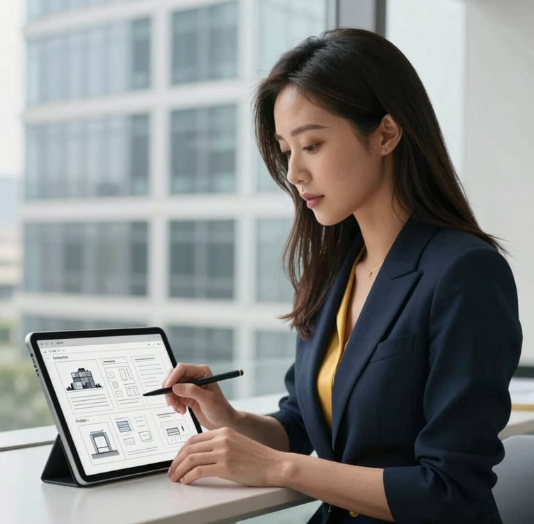 Editorial medium shot of Lisa Choi working on a digital strategy wireframe on a tablet, with structured architectural details of a modern office building in the soft-focused background, soft natural daylight, deep navy and gold accents, clean minimalist composition, 50mm lens