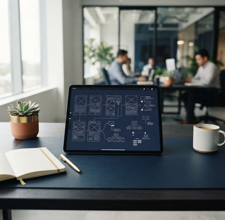 Modern corporate workspace with a tablet displaying digital strategy wireframes, soft natural daylight, deep navy and gold accents, clean minimalist composition, 50mm lens