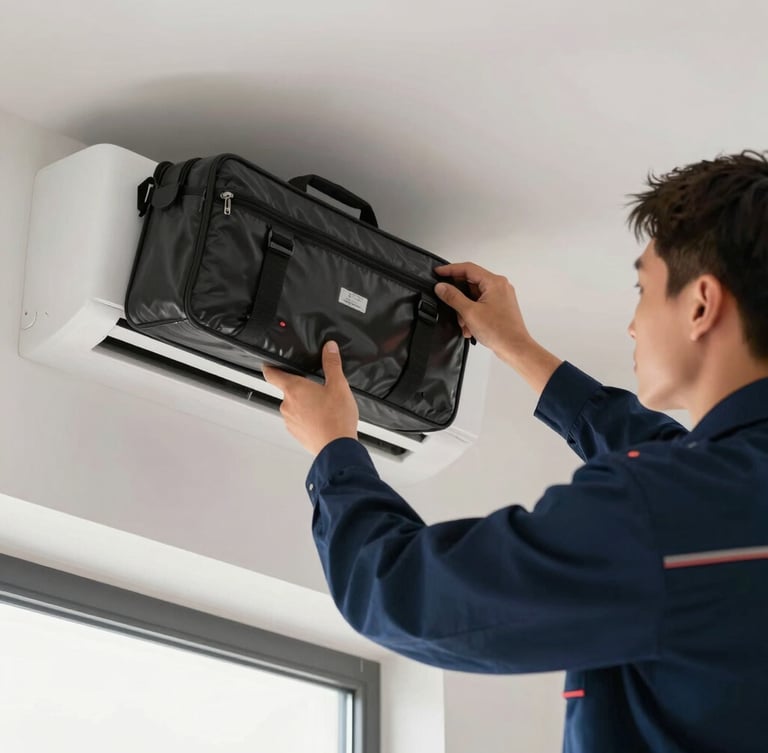 Close-up of a professional technician in a clean, dark blue uniform using a specialized high-tech cleaning bag on a modern white split AC unit, bright natural morning light, clean residential interior.