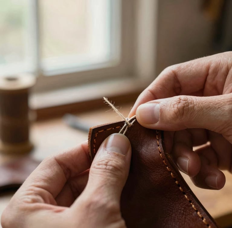 Macro close-up of hands saddle-stitching dark brown leather with thick waxed linen thread, warm workshop window light, shallow depth of field, 35mm