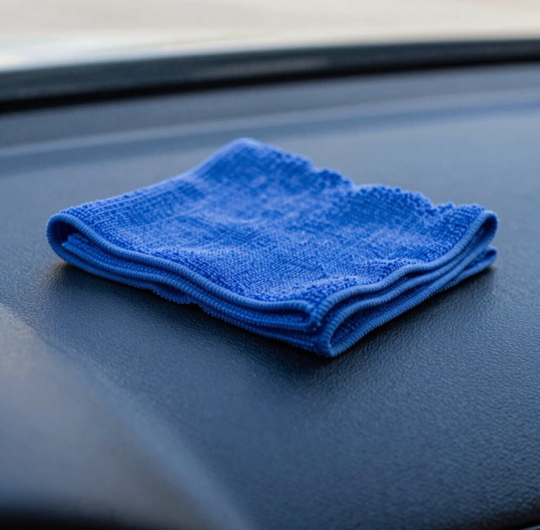 Close-up macro shot of a clean microfiber cloth wiping a pristine dashboard, bright natural daylight, sharp reflections, high-contrast electric blue tones