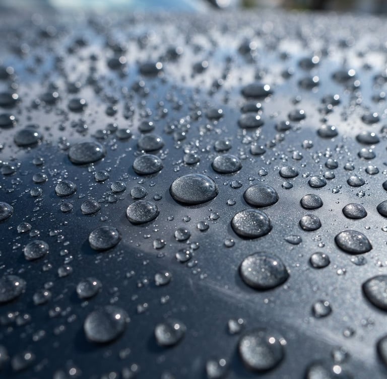 Macro close-up of water beading on a freshly waxed deep slate hood, bright natural daylight, sharp reflections