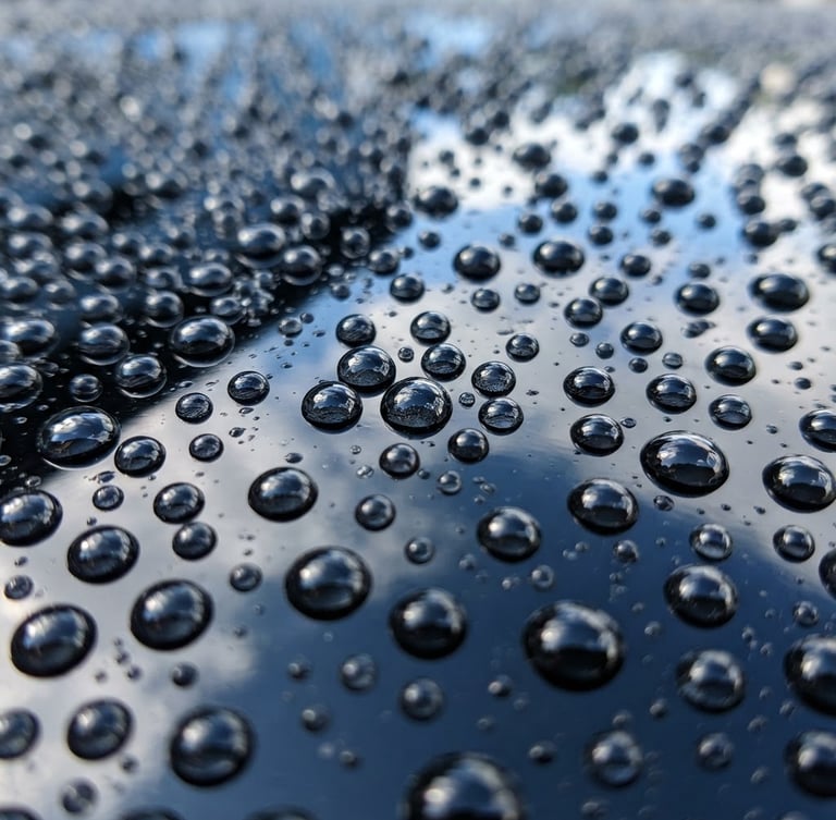 Crisp automotive photography of water beading on a freshly waxed deep black hood, bright natural daylight, extreme macro detail, 50mm lens