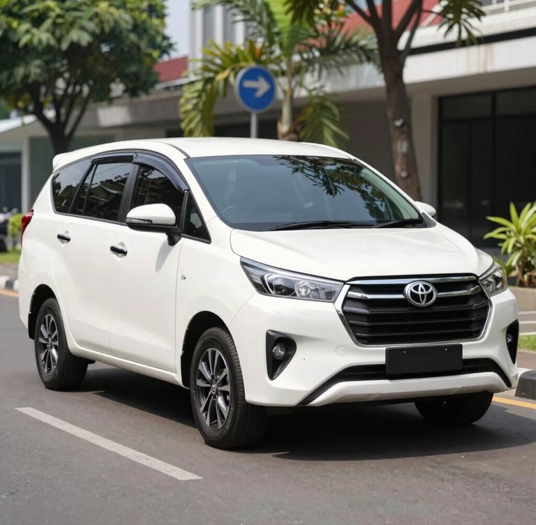 Bright clean commercial photography of a modern white Toyota Innova parked on a clean street in Yogyakarta, natural daylight, sharp focus, 35mm lens