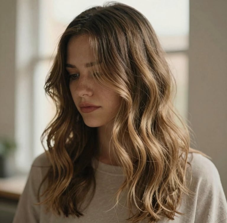 Close-up editorial portrait of soft, hand-painted balayage hair with natural wavy texture, warm golden hour window light, shallow depth of field