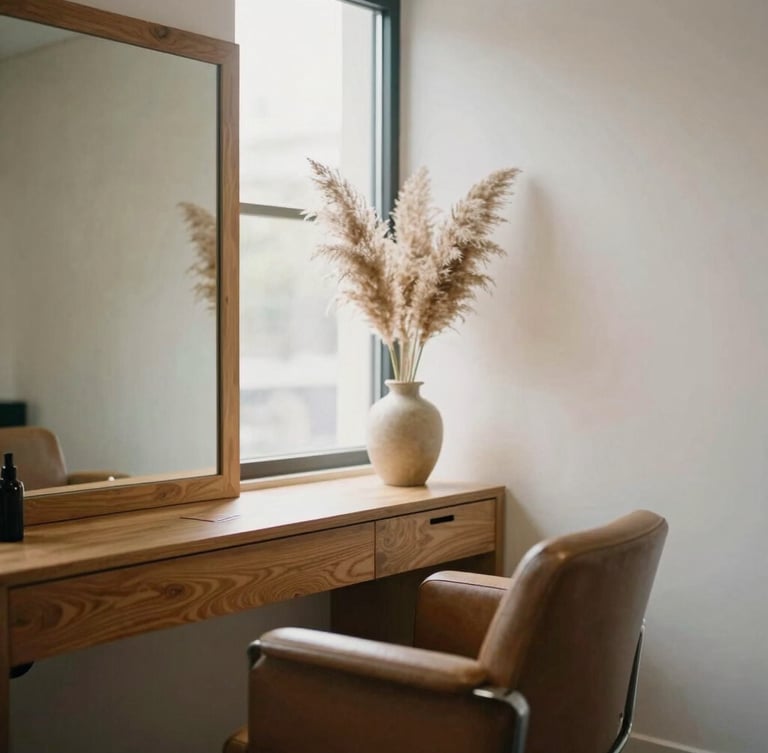 A minimalist, sunlit private hair studio corner, warm oak wood accents, a single leather chair, large window with soft diffused daylight, pampas grass in a ceramic vase