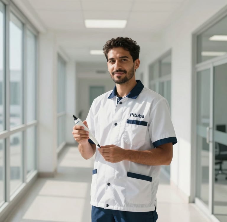 Wide-angle architectural portrait of a professional technician in a crisp, clean white and navy uniform holding a precision gel applicator, standing in a bright, modern, sunlit corporate corridor in Pituba, clinical and reassuring atmosphere.