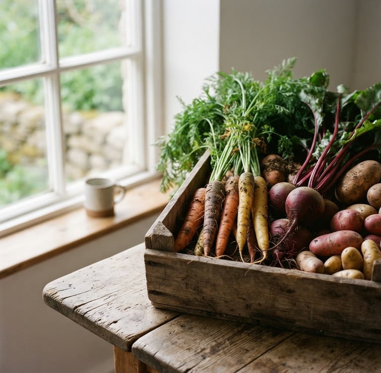 Wide panoramic, freshly harvested heirloom carrots, beets, and potatoes in a rustic wooden crate, soft Scandinavian window light, shallow depth of field, rich earthy tones, generous negative space on the left.