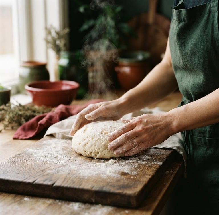 Close-up of hands gently shaping sourdough on a wooden board, steam rising, soft Scandinavian window light, shallow depth of field, rich crimson and forest green tones, 35mm film.