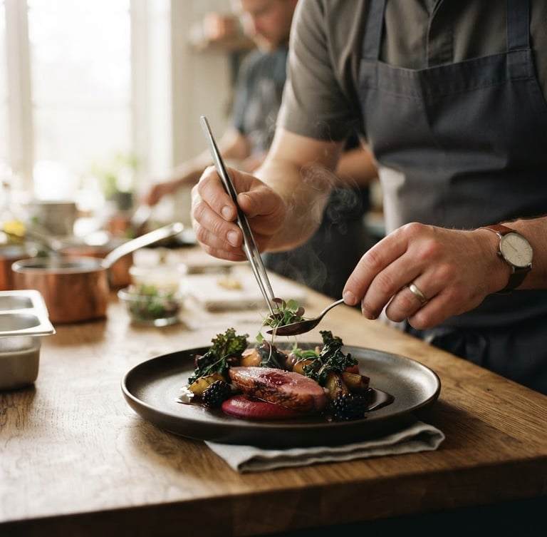 Chef's hands meticulously plating a gourmet dish under soft Scandinavian window light, steam subtly rising, rich crimson and forest green tones, shallow depth of field.