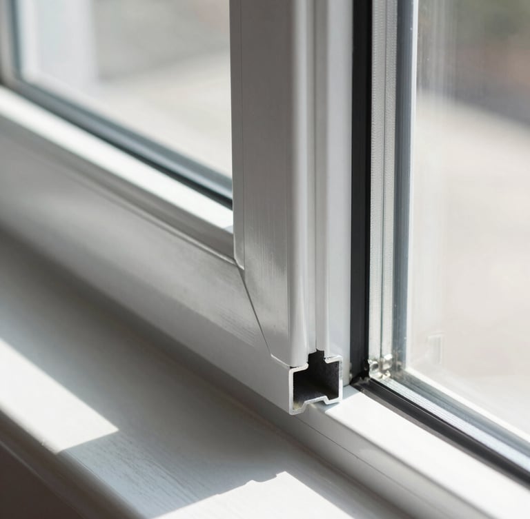 Close-up architectural photograph of a flawless aluminum miter joint on a commercial window frame, bright crisp daylight, metallic sheen
