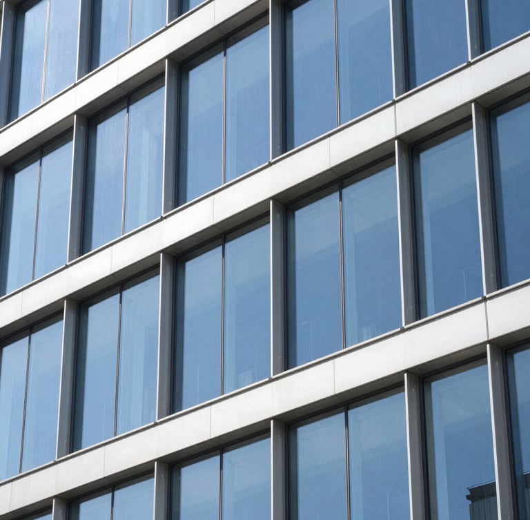 Sharp architectural photography of a modern multi-story curtain wall reflecting a bright blue sky, focusing on clean aluminum mullion joints, high contrast daylight, 35mm lens.