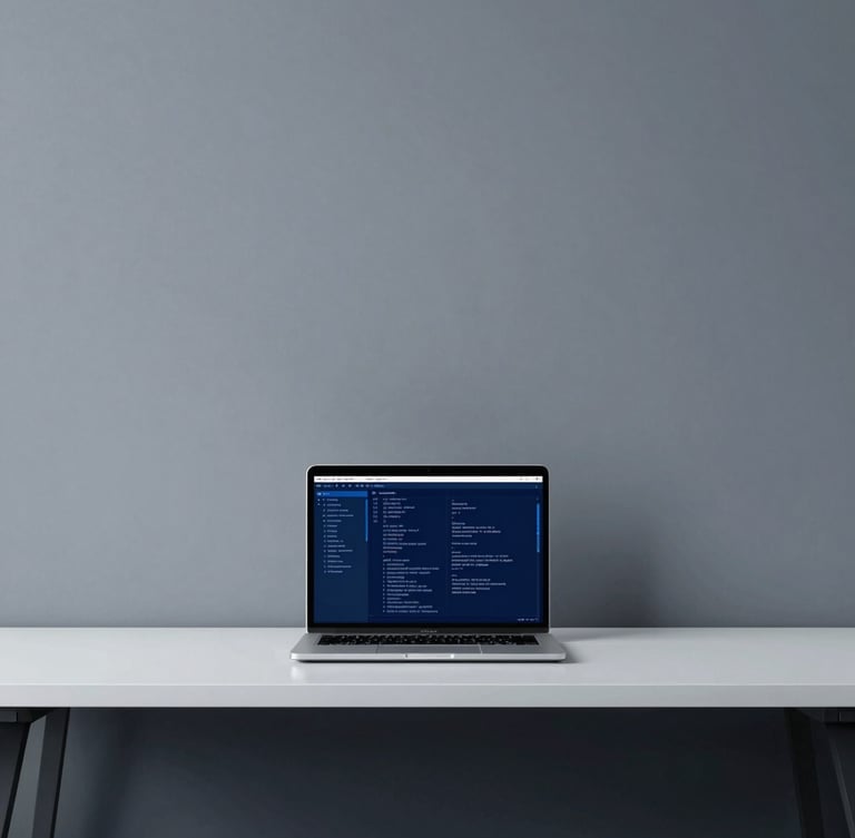 Minimalist corporate workspace, clean desk with modern laptop showing code interfaces, cool daylight, deep blue and sharp gray tones, architectural focus