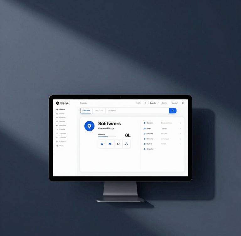 Minimalist corporate photography of a high-end clean software interface on a vertical screen, cool office daylight, deep blue shadows, sharp architectural focus