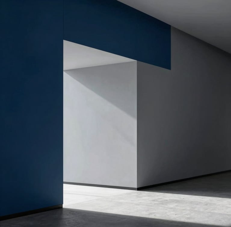 minimalist corporate photography of a clean architectural space with deep blue shadows and sharp gray tones, natural cold office daylight, focusing on structural lines