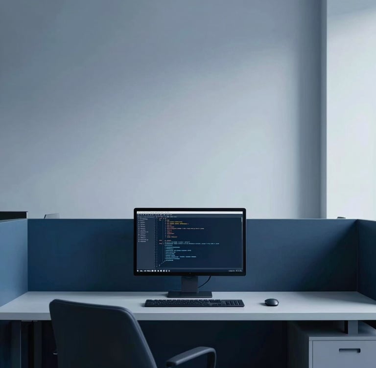 Minimalist corporate photography, cool office daylight, deep blue tones, clean architectural focus of a modern workspace with a high-end computer screen showing code.