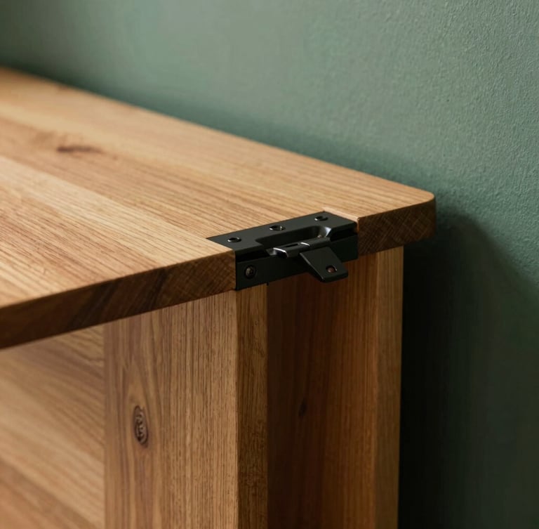 Close-up of a solid cedar wood table folding flush against a modern apartment wall, heavy-gauge matte black steel hinges visible, warm directional daylight, rich wood textures, 50mm lens, shallow depth of field.