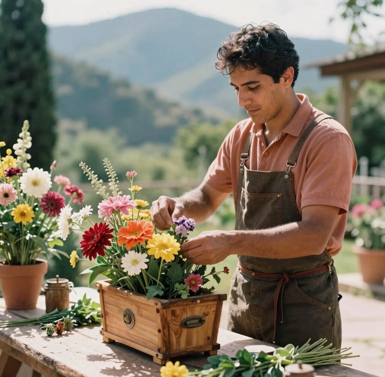 A local silletero artisan arranging vibrant flowers in an authentic wooden silleta inside a sunlit courtyard, soft natural light, focus on textures, 35mm.