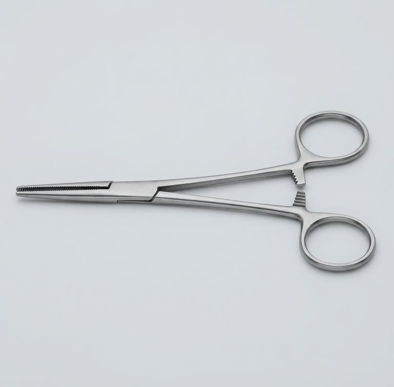 sharp technical photography of a surgical forcep, profile view, bright high-key studio lighting, sterile light gray background, macro lens, ultra-detailed