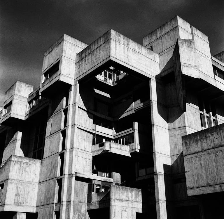 Stark black and white architectural photography of a colossal concrete brutalist building, harsh direct sunlight casting deep geometric shadows, minimalist composition, 35mm film.