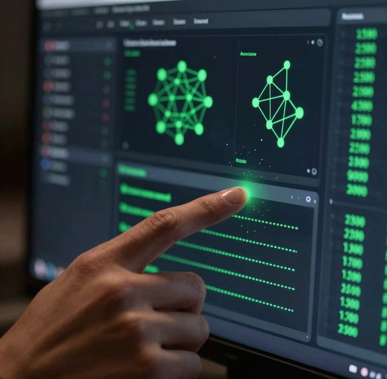 Macro shot of a developer's hands interacting with a dark-mode real-time attribution dashboard on a monitor, showing neon green data visualizations and network nodes, studio lighting, 35mm.